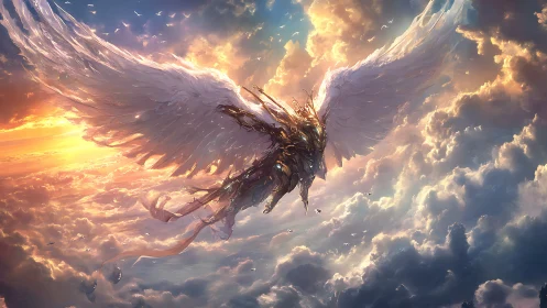 Celestial mech angel ascending through luminous storm clouds.