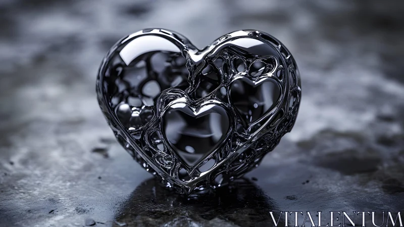Shiny Metallic Heart Sculpture with Abstract Artistic Design.