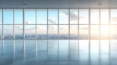 Panoramic glass office interior frames expansive city skyline