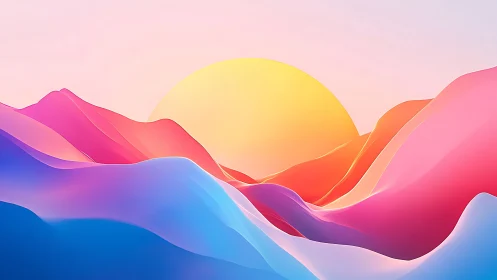 Gradient-lit abstract dunes curve around a central spectral sun