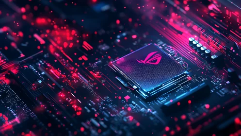 Gaming processor glows within neon lit motherboard circuit