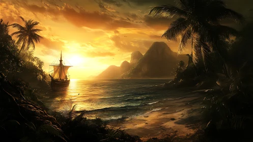 Colonial vessel anchored in tropical cove at golden hour.