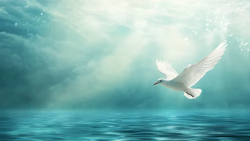 Soaring white bird over tranquil, teal-lit ocean expanse.
