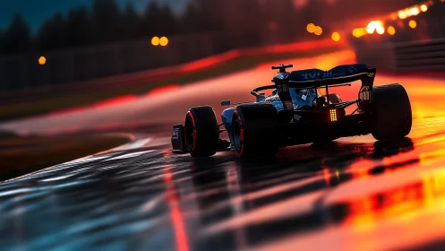Formula race car exits wet corner under intense sunset light