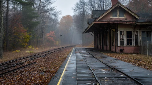Morning fog quietly crowns an abandoned autumn rail station