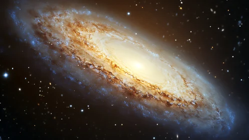 Golden spiral galaxy drifting through a star-filled night sky.