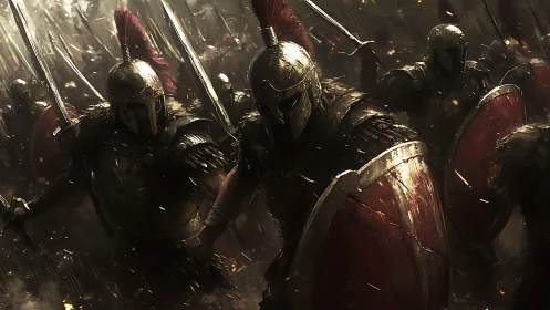 Armored phalanx charges through smoke and flying embers.