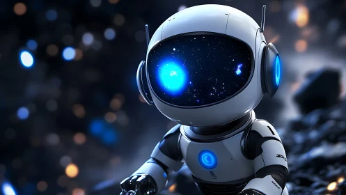 Small spherical robot stands in rocky, defocused terrain