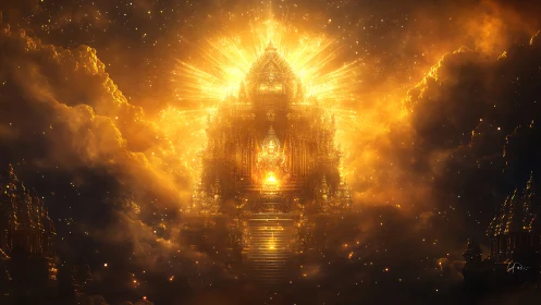 Celestial gold temple erupting through stormlit cosmic clouds.