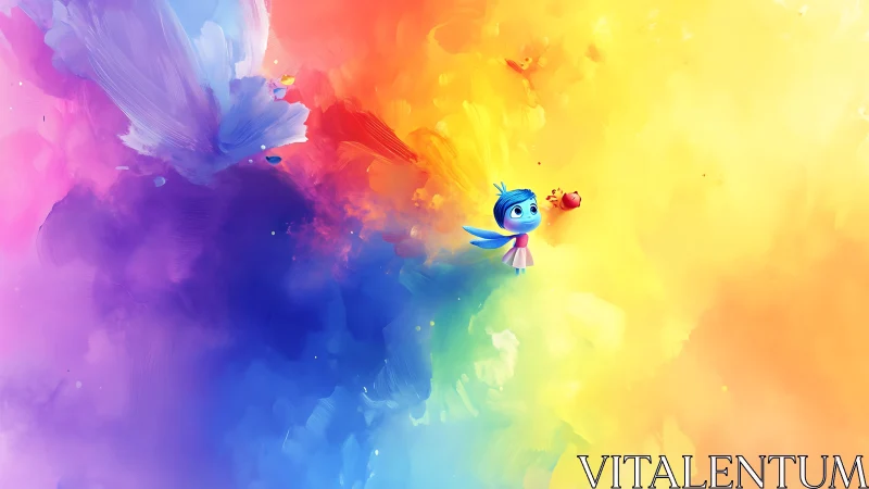 Tiny blue cartoon fairy contrasts against expansive rainbow nebula