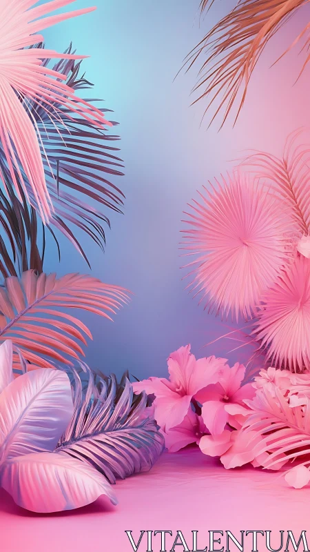 Dreamy neon tropical leaves glow in soft pastel gradients