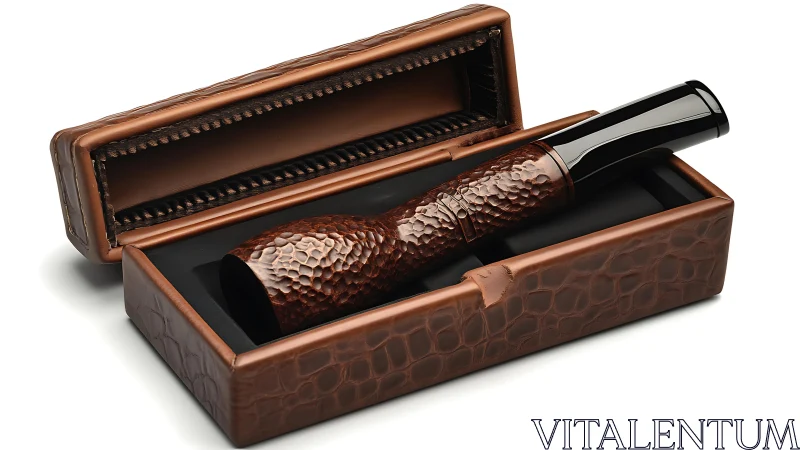 Hammered copper luxury fountain pen rests in leather case