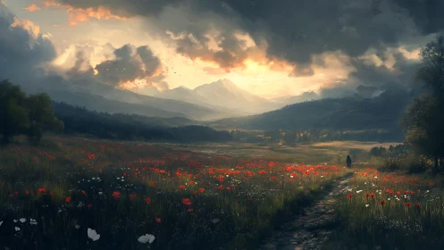 Stormlit poppy valley with distant mountains at sunrise.