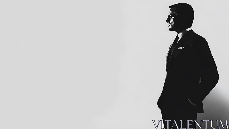 Silhouetted businessman in suit against plain background.