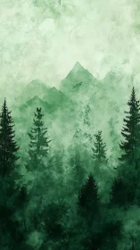 Mountain Peaks Rising Through Misty Pine Forest.