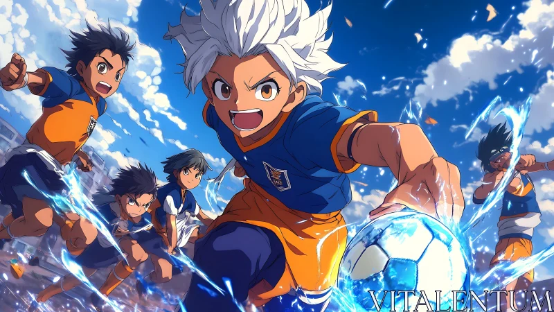 Energetic anime soccer heroes racing into a sparkling match.