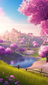 Blossom-drenched valley lagoon under a dreamy pastel sunrise.