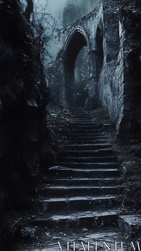 Gothic stone stairway ascending to ruined pointed archway at dusk.