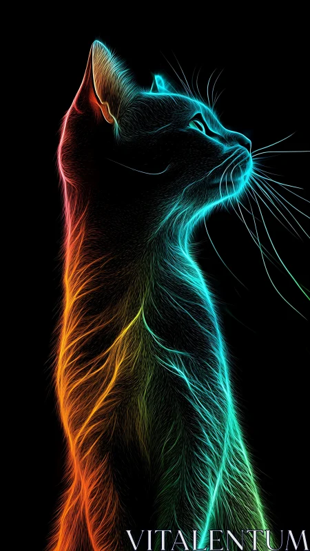 Neon edge-traced feline silhouette with chromatic light flow.