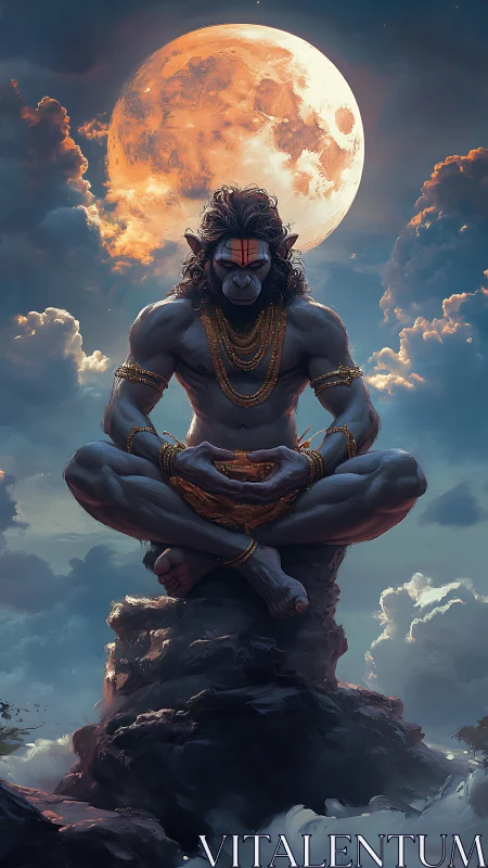 Majestic monkey deity meditates beneath a glowing full moon