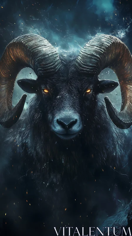 Dark horned ram portrait with glowing eyes in misty haze.