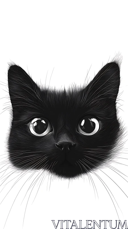 Black Cat Face with Luminous Eyes Detailed Line Drawing