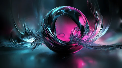Neon liquid sphere twists through cyan and magenta void.