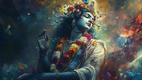 Floral blue deity drifting through swirling cosmic blossoms.