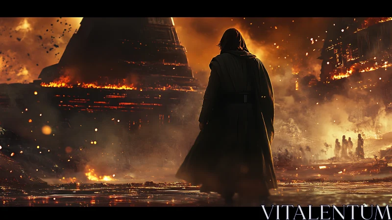 Hooded wanderer surveys burning sci fi citadel at dusk.