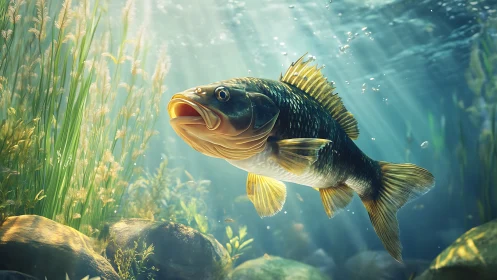 Sunlit freshwater fish suspended in dense underwater habitat.