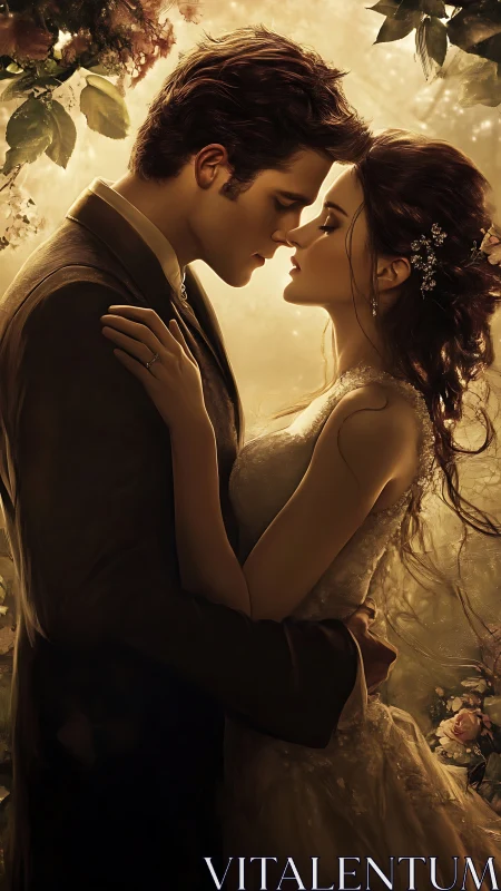 Romantic wedding couple silhouette with golden rim lighting and baroque floral backdrop