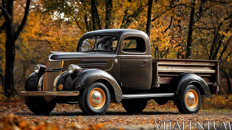 Restored vintage pickup truck amid rich autumn woodland
