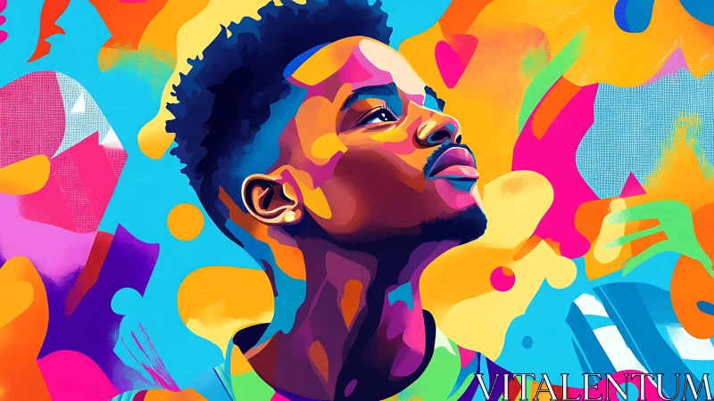 Vibrant digital portrait of man against bold abstract colors.
