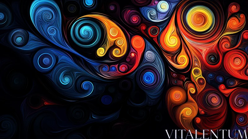 Vivid swirling fractal waves in blue, red, and gold motion.