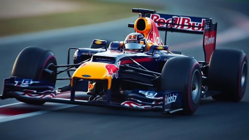 Red Bull Formula 1 car on track at high racing speed.