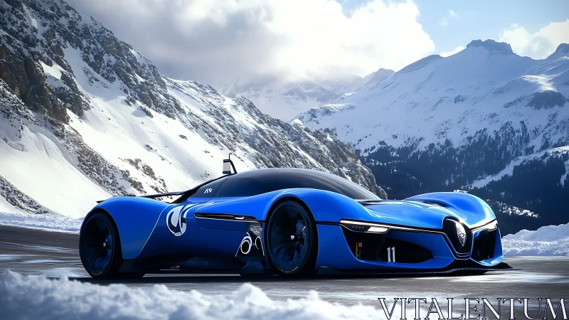 Futuristic blue hypercar rendered on alpine ice circuit.