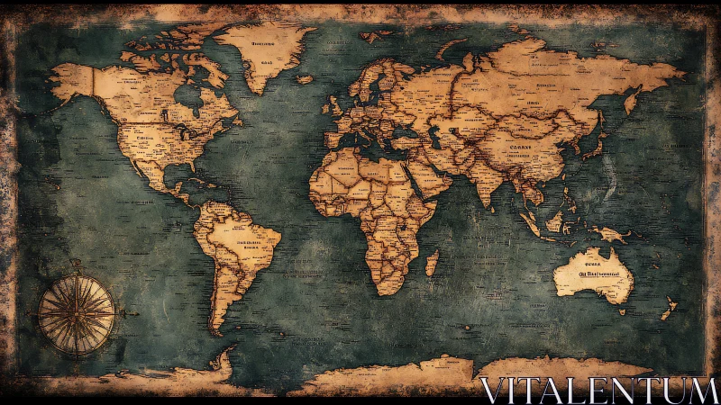 Weathered world map invites gentle journeys across oceans