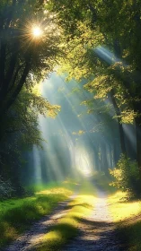Sunlit forest path with strong morning light beams.