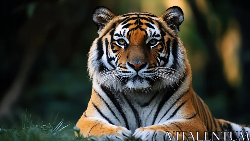 Regal tiger portrait in low-key forest lighting study.