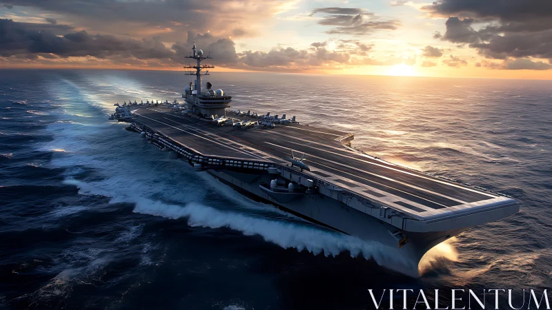 Majestic aircraft carrier cuts through waves at fiery sunset