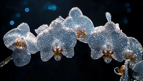 Photorealistic macro of sparkling crystal-encrusted orchids.