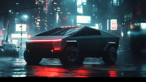 Polygonal electric rover in neon-soaked nocturnal downpour.