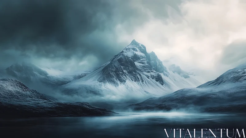 Snow covered mountain peaks rise over cold misty water