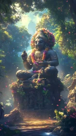 Stone deity statue in overgrown forest shrine at sunrise.