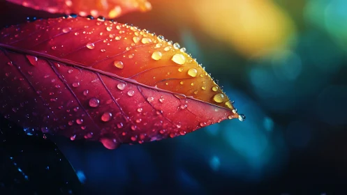 Macro view of wet leaf with multicolor light gradient.