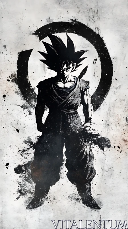 Silhouetted anime warrior stands before bold ink circle