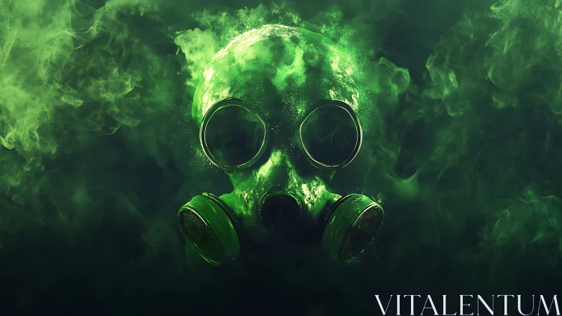Toxic green gas mask emerging through swirling neon fumes.
