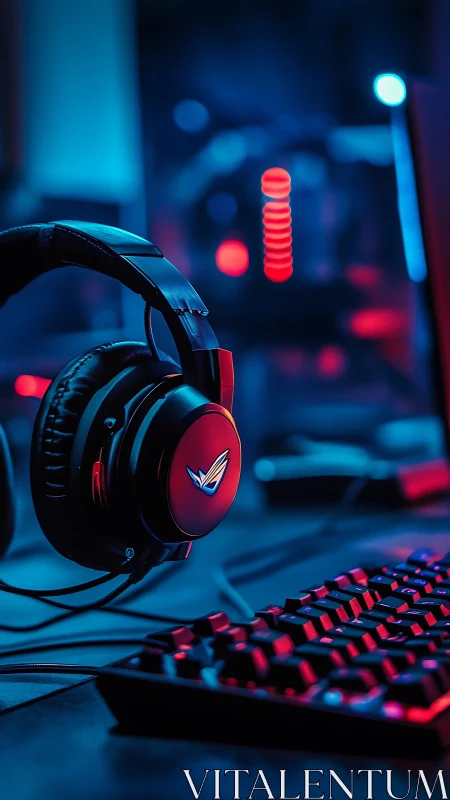 Immersive gaming headset beside RGB keyboard in neon glow.