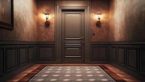 Closed paneled door anchors dim corridor with warm sconces