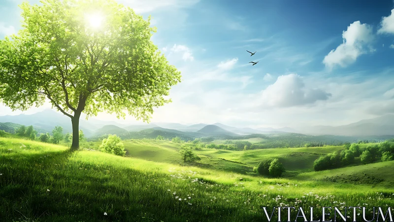 Sunlit tree overlooking rolling green hills and distant mountains.